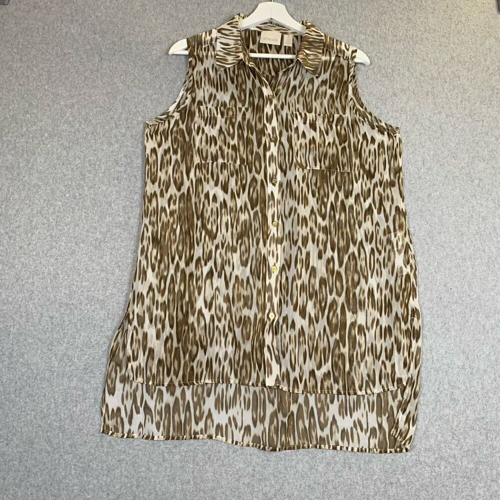 Chicos Womens 1 US Medium Sleeveless Button Front Blouse Animal Print Hi Low
